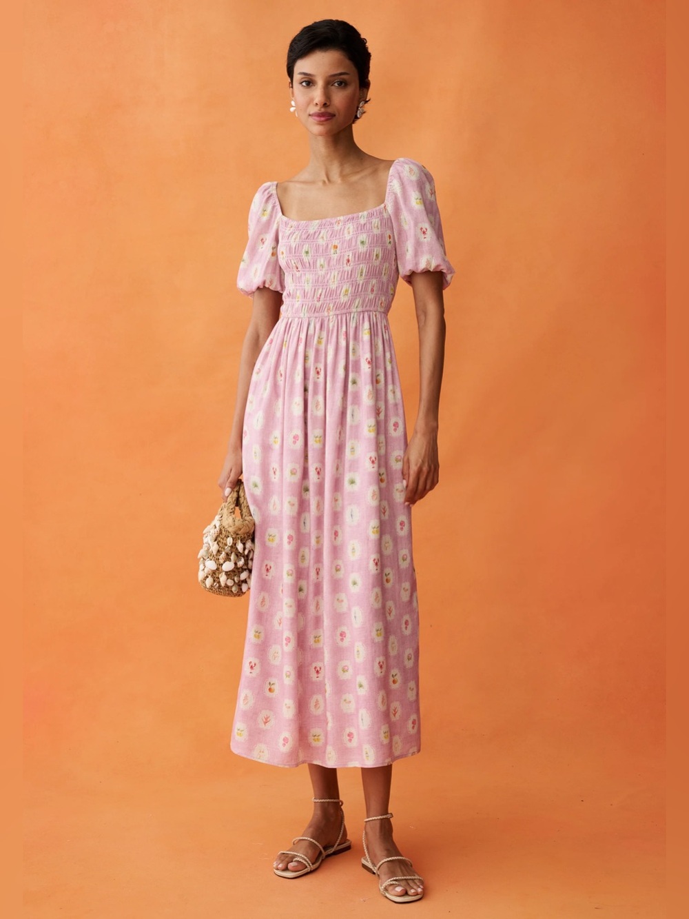 ANAYA Marcey Dress Smocked Square-Neck Midi Dress in Pink sz Medium